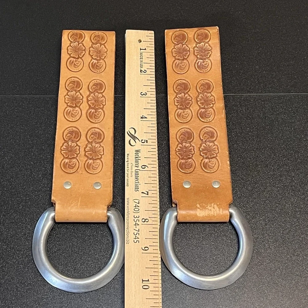 Floral Embossed Brown Leather Keychain LARGE Key Ring Chain Strap Holder Vintage